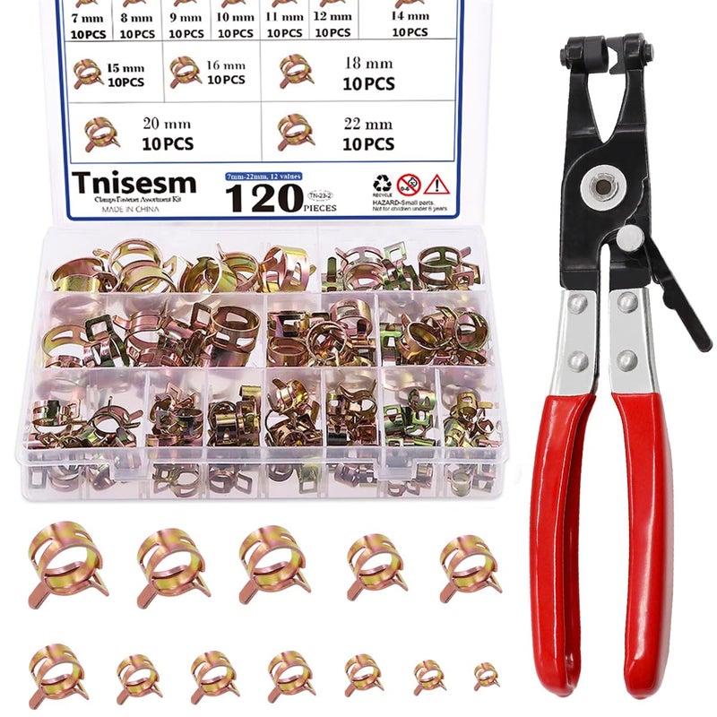 Tnisesm 121Pcs 7-22mm Spring Hose Clamp Assortment kits with Swivel Flat Band Fuel Hose Clamp Plier, Silicone Vacuum Hose Action Pipe Clamp Low Pressure Air Clip Clamp for Hose Clamps - Image 1